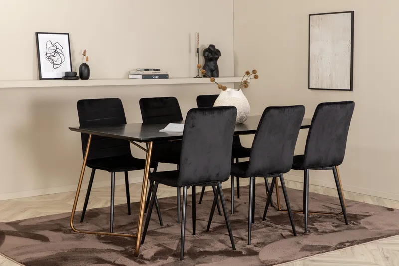 Ruokailuryhmä Pipaon 190 cm sis 6 Donmon samettituolia, Musta/Kupari