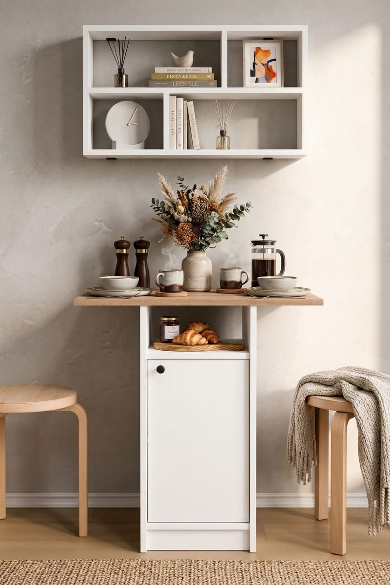 Ruokapöytä- ja seinähyllysetti (2 osaa) Hanah Home Nord (72 x 73,8 x 44,5 cm) Valkotammi - Valkoinen ja tammi - Huonekalut - Pöytä & ruokailuryhmä - Ruokailuryhmä