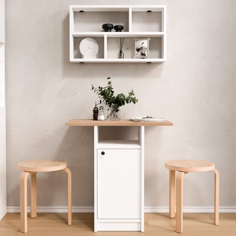 Ruokapöytä- ja seinähyllysetti (2 osaa) Hanah Home Nord (72 x 73,8 x 44,5 cm) Valkotammi - Valkoinen ja tammi - Huonekalut - Pöytä & ruokailuryhmä - Ruokailuryhmä