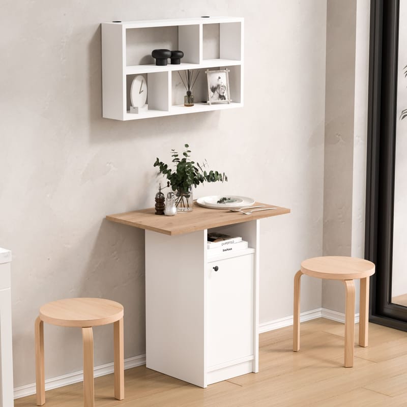 Ruokapöytä- ja seinähyllysetti (2 osaa) Hanah Home Nord (72 x 73,8 x 44,5 cm) Valkotammi - Valkoinen ja tammi - Huonekalut - Pöytä & ruokailuryhmä - Ruokailuryhmä