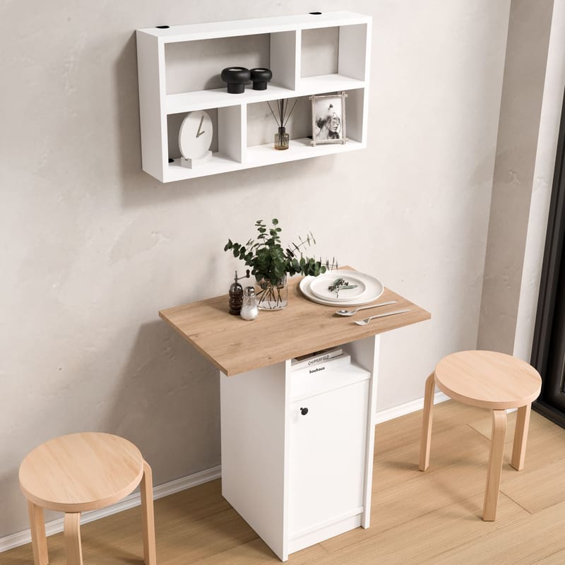 Ruokapöytä- ja seinähyllysetti (2 osaa) Hanah Home Nord (72 x 73,8 x 44,5 cm) Valkotammi - Valkoinen ja tammi - Huonekalut - Pöytä & ruokailuryhmä - Ruokailuryhmä
