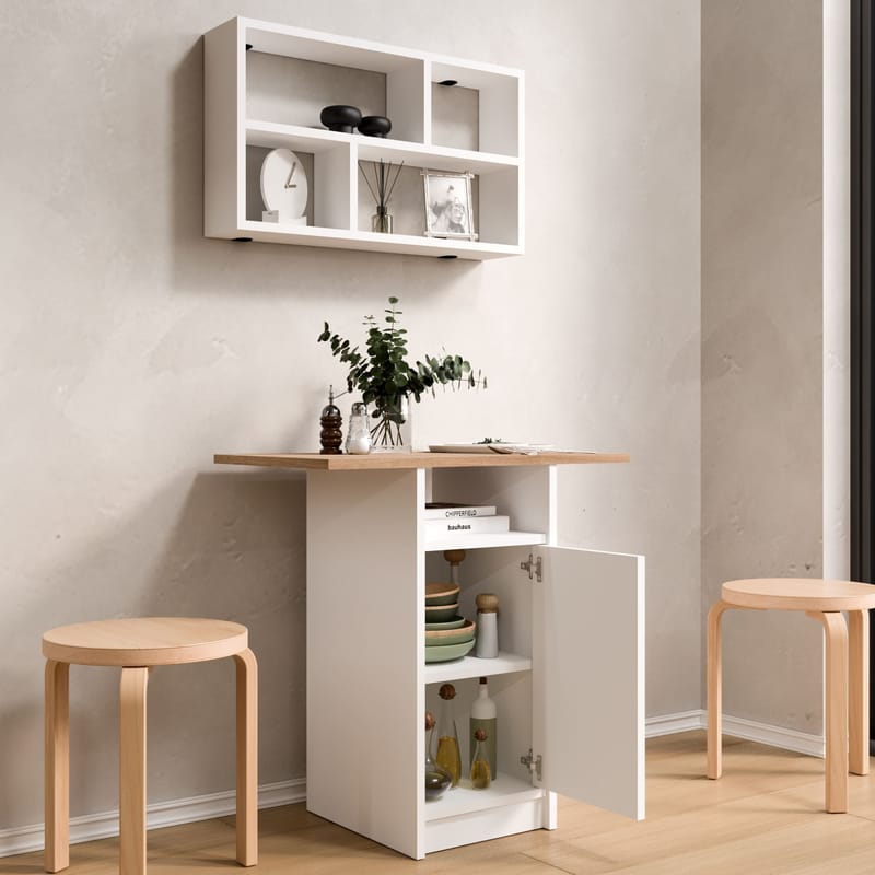 Ruokapöytä- ja seinähyllysetti (2 osaa) Hanah Home Nord (72 x 73,8 x 44,5 cm) Valkotammi - Valkoinen ja tammi - Huonekalut - Pöytä & ruokailuryhmä - Ruokailuryhmä