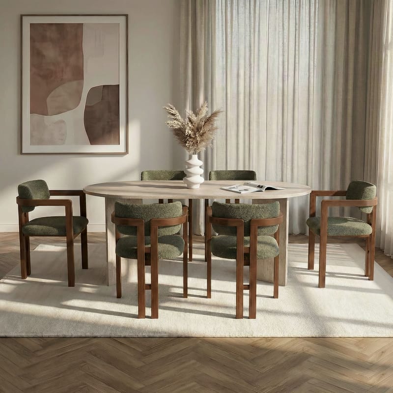 Ruokapöytä- ja tuolisetti Nordure Meridia 6 (180 x 75 x 90 cm) 7-osainen Travertiini pähkinä vihreä - Huonekalut - Pöytä & ruokailuryhmä - Ruokailuryhmä