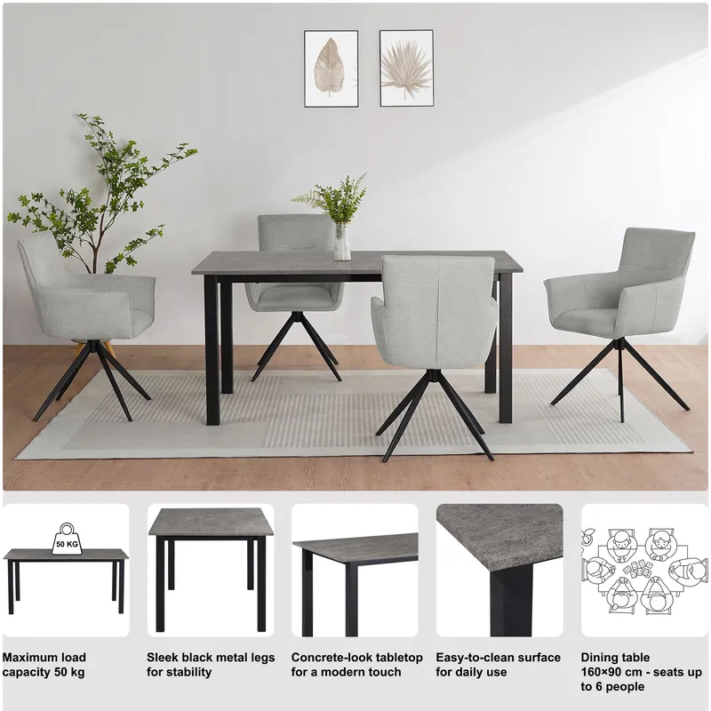 Ruokapöytä Loft24 Durham Betoni 160 × 90 cm - Betoninharmaa ja musta - Huonekalut - Pöytä & ruokailuryhmä - Ruokapöydät & keittiön pöydät