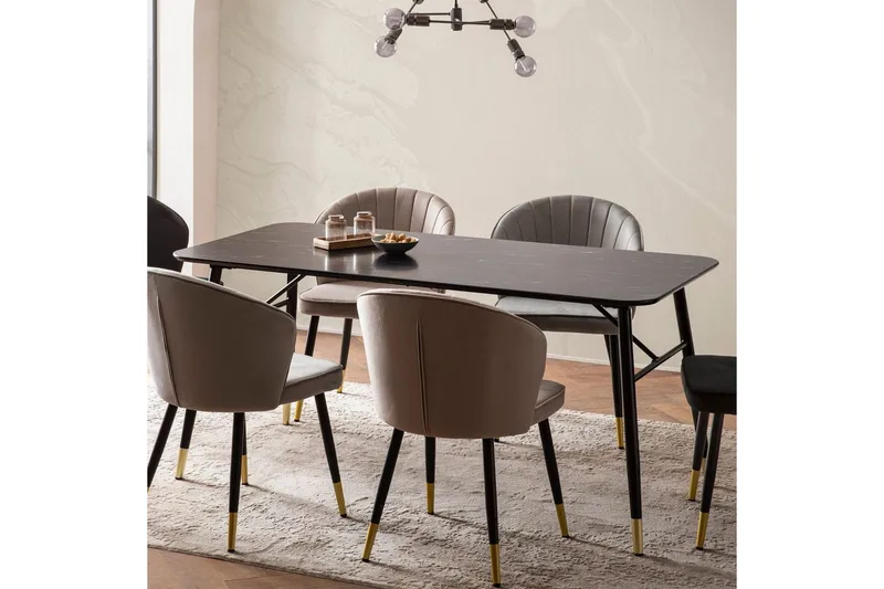Ruokapöytä Wohnling Moderni tyyli, MDF, metalliset kultakärkijalat. Marmori, musta, 200x90 cm - Marmori, musta, 200x90 cm - Huonekalut - Pöytä & ruokailuryhmä - Ruokailuryhmä