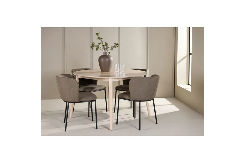 Ruokaryhmä Flora Pyöreä 120 cm Valkoinen neljällä Edina-tuolilla Musta / Ruskea - Musta / Ruskea - Huonekalut - Pöytä & ruokailuryhmä - Ruokailuryhmä