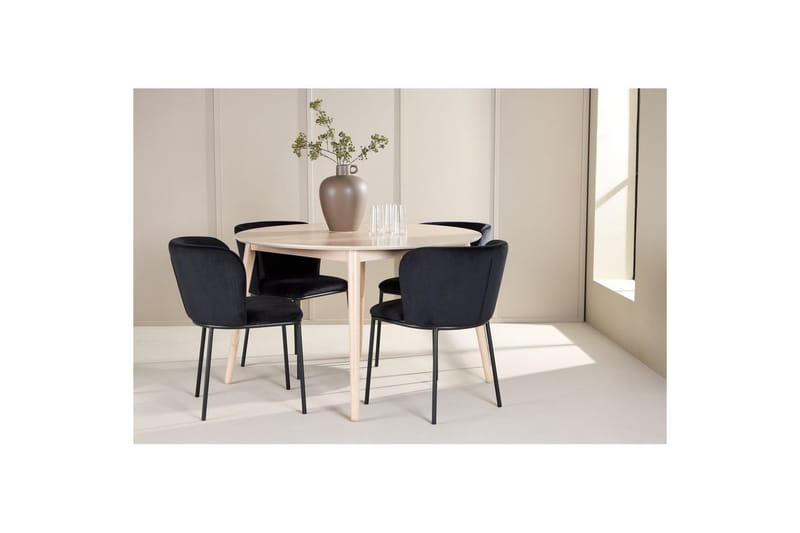 Ruokaryhmä Flora Pyöreä 120 cm Valkoinen neljällä Edina-tuolilla Musta - Musta - Huonekalut - Pöytä & ruokailuryhmä - Ruokailuryhmä