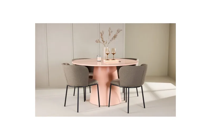 Ruokaryhmä Lanzo Pyöreä 120 cm Vaaleanpunainen neljällä Edina-tuolilla Musta / Ruskea - Musta / Ruskea - Huonekalut - Pöytä & ruokailuryhmä - Ruokailuryhmä