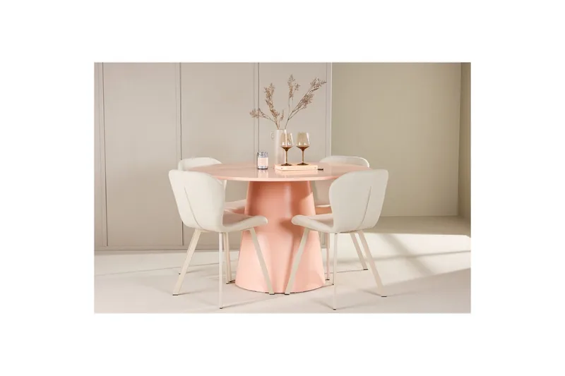 Ruokaryhmä Lanzo Pyöreä 120 cm neljällä Lilja-tuolilla Vaaleanpunainen - Vaaleanpunainen - Huonekalut - Pöytä & ruokailuryhmä - Ruokailuryhmä