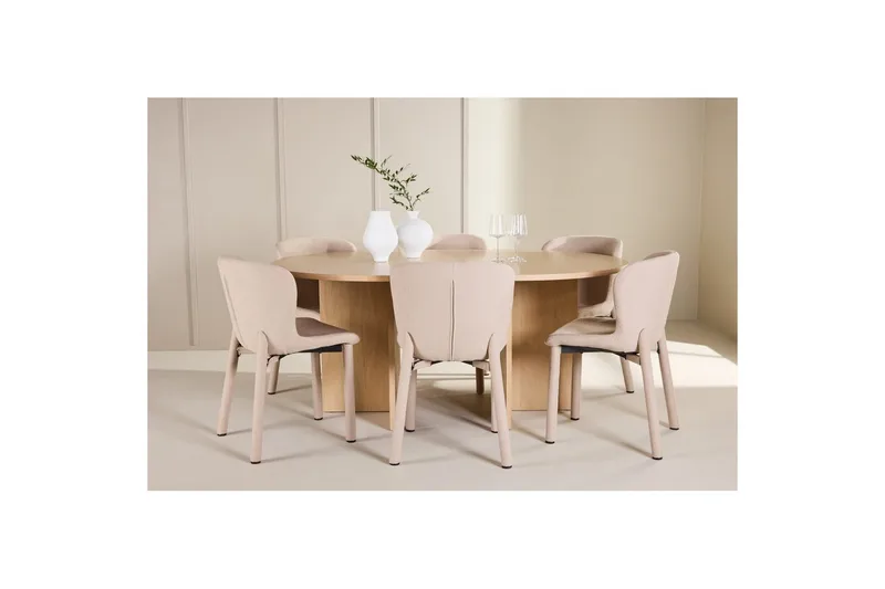 Ruokaryhmä Strada Pyöreä 120/170 cm Valkoinen Astoria-tuoleilla 6 kpl, Beige - 6 kpl, Beige - Huonekalut - Pöytä & ruokailuryhmä - Ruokailuryhmä