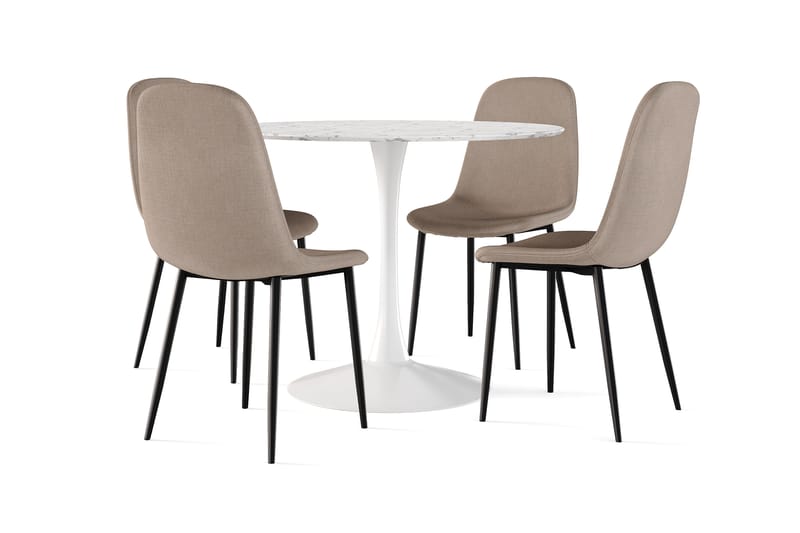 Severo Ruokapöytä 100 cm Pyöreä valkoinen jalka + 4 kpl Naira tuoli ruskea mustilla jaloilla, Valkoinen/Ruskea