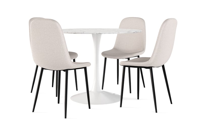 Severo Ruokapöytä 100 cm Pyöreä valkoinen jalka + 4 kpl Naira tuoli beige mustilla jaloilla, Valkoinen/Beige
