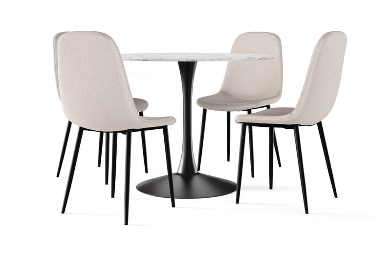 Severo Ruokapöytä 100 cm Pyöreä Musta jalka + 4 kpl Naira tuoli beige mustilla jaloilla, Valkoinen/Musta/Beige