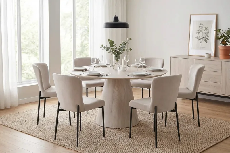 Siena-ruokailuryhmä, pyöreä 150 cm, valkokuullotettu, 6 Elsie-ruokatuolia - Valkokuullotettu/beige - Huonekalut - Pöytä & ruokailuryhmä - Ruokailuryhmä