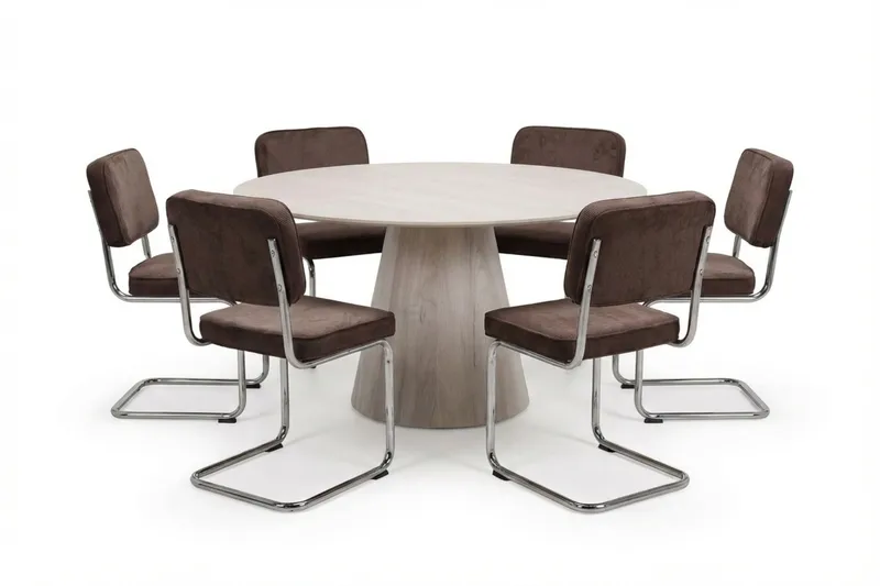 Siena-ruokailuryhmä, pyöreä 150 cm, valkolakattu, 6 Milva-ruokatuolia, Valkolakattu/ruskea/kromi