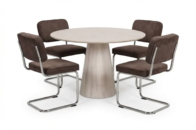 Siena-ruokailuryhmä, pyöreä 110 cm, valkolakattu, 4 Milva-ruokatuolia - Valkolakattu/ruskea/kromi - Huonekalut - Pöytä & ruokailuryhmä - Ruokailuryhmä
