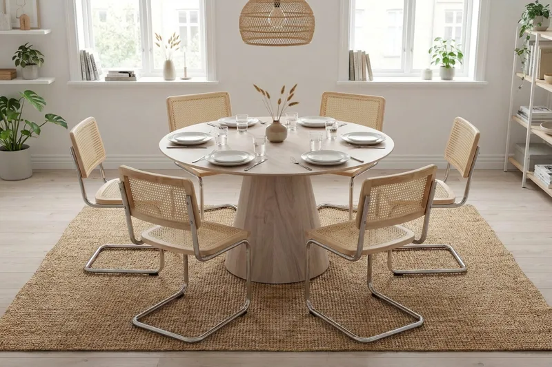 Siena-ruokailuryhmä, pyöreä 130 cm, valkolakattu, 6 Build-ruokatuolia - Valkokuullotettu/luonnonväri/kromi - Huonekalut - Pöytä & ruokailuryhmä - Ruokailuryhmä