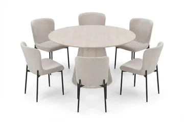 Siena-ruokailuryhmä, pyöreä 130 cm, valkokuullotettu, 6 Elsie-ruokatuolia