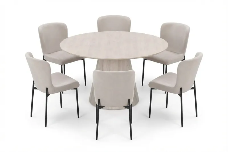 Siena-ruokailuryhmä, pyöreä 130 cm, valkokuullotettu, 6 Elsie-ruokatuolia - Valkokuullotettu/beige - Huonekalut - Pöytä & ruokailuryhmä - Ruokailuryhmä