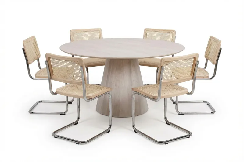 Siena-ruokailuryhmä, pyöreä 150 cm, valkolakattu, 6 Build-ruokatuolia, Valkokuullotettu/luonnonväri/kromi