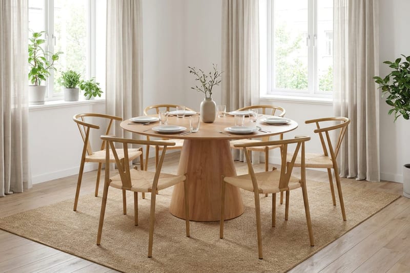 Siena-ruokailuryhmä, pyöreä 150 cm, tammi, 6 Elysia-ruokatuolia - Tammi - Huonekalut - Pöytä & ruokailuryhmä - Ruokailuryhmä