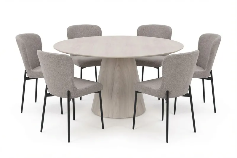 Siena-ruokailuryhmä, pyöreä 150 cm, valkokuullotettu, 6 Elsie-ruokatuolia - Valkokuullotettu/vaaleanharmaa - Huonekalut - Pöytä & ruokailuryhmä - Ruokailuryhmä
