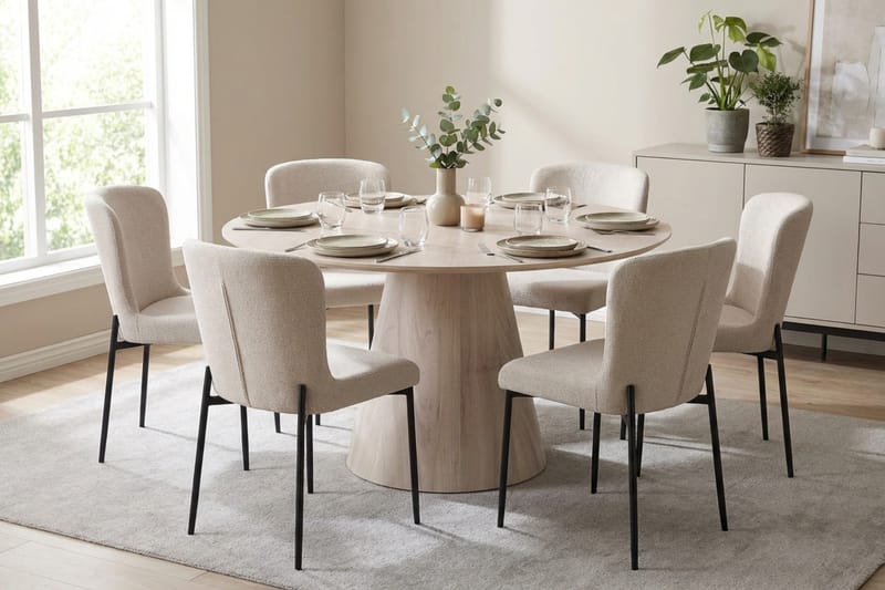 Siena-ruokailuryhmä, pyöreä 130 cm, valkokuullotettu, 6 Elsie-ruokatuolia - Valkokuullotettu/valkoinen - Huonekalut - Pöytä & ruokailuryhmä - Ruokailuryhmä