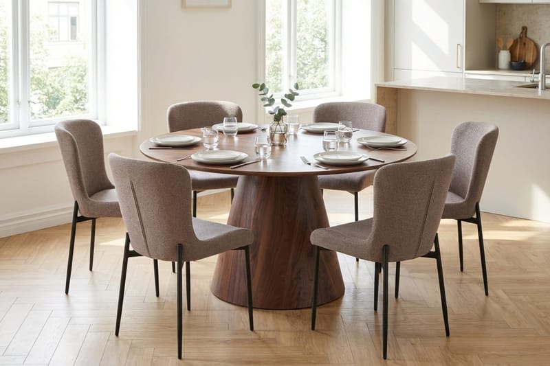 Siena-ruokailuryhmä, pyöreä 130 cm, pähkinä, 6 Elsie-ruokatuolia - Pähkinä/harmaa - Huonekalut - Pöytä & ruokailuryhmä - Ruokailuryhmä