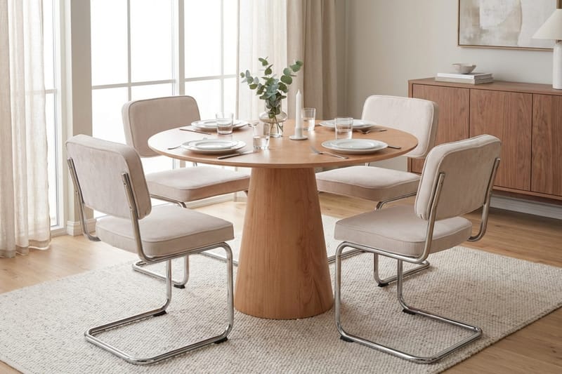 Siena-ruokailuryhmä, pyöreä 110 cm, tammi, 4 Milva-ruokailutuolilla - Tammi - Huonekalut - Pöytä & ruokailuryhmä - Ruokailuryhmä