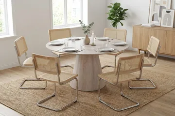 Siena-ruokailuryhmä, pyöreä 150 cm, valkolakattu, 6 Build-ruokatuolia - Valkoiseksi petsattu tammi - Huonekalut - Pöytä & ruokailuryhmä - Ruokailuryhmä