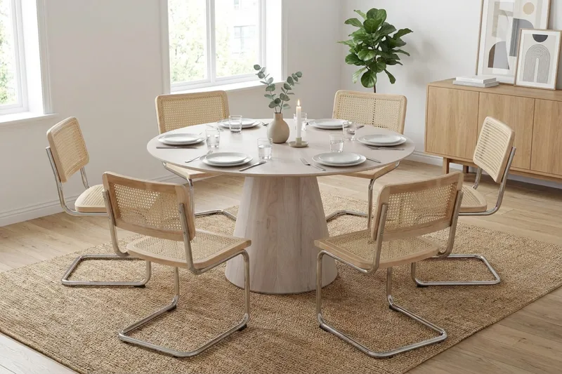 Siena-ruokailuryhmä, pyöreä 150 cm, valkolakattu, 6 Build-ruokatuolia - Valkokuullotettu/luonnonväri/kromi - Huonekalut - Pöytä & ruokailuryhmä - Ruokailuryhmä