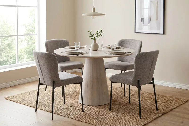 Siena-ruokailuryhmä, pyöreä 110 cm, valkokuullotettu, 4 Elsie-ruokatuolia - Valkokuullotettu/vaaleanharmaa - Huonekalut - Pöytä & ruokailuryhmä - Ruokailuryhmä