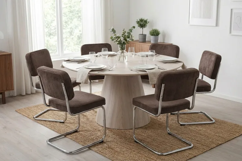 Siena-ruokailuryhmä, pyöreä 130 cm, valkolakattu, 6 Milva-ruokatuolia - Valkolakattu/ruskea/kromi - Huonekalut - Pöytä & ruokailuryhmä - Ruokailuryhmä