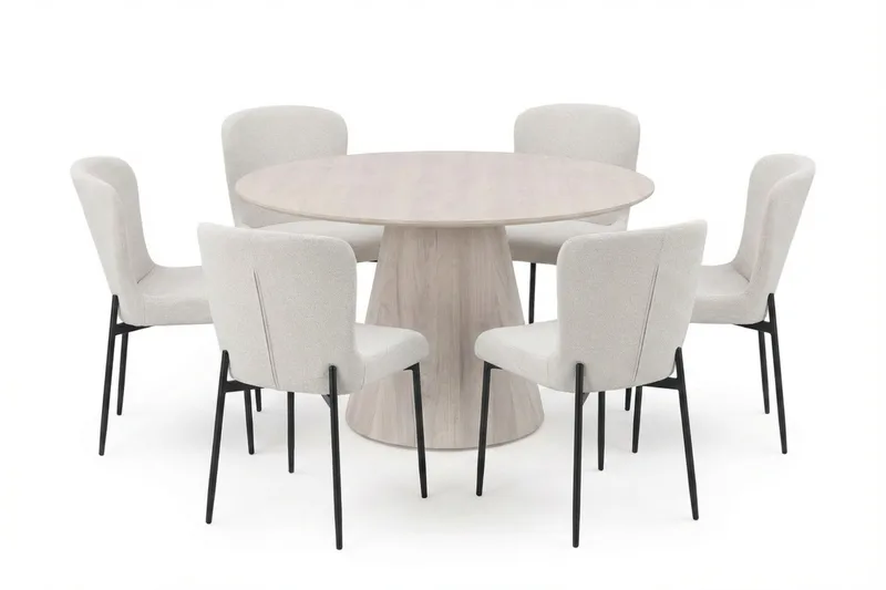 Siena-ruokailuryhmä, pyöreä 130 cm, valkokuullotettu, 6 Elsie-ruokatuolia - Valkokuullotettu/valkoinen - Huonekalut - Pöytä & ruokailuryhmä - Ruokailuryhmä