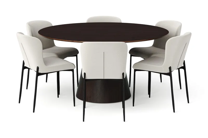 Siena-ruokailuryhmä, pyöreä 150 cm, savustettu tammi, 6 Elsie-ruokatuolia - Savustettu tammi/valkoinen - Huonekalut - Pöytä & ruokailuryhmä - Ruokailuryhmä