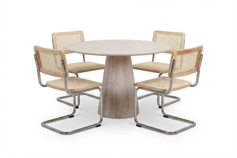 Siena-ruokailuryhmä, pyöreä 110 cm, valkokuullotettu, 4 Build-ruokatuolia, Valkokuullotettu/luonnonväri/kromi