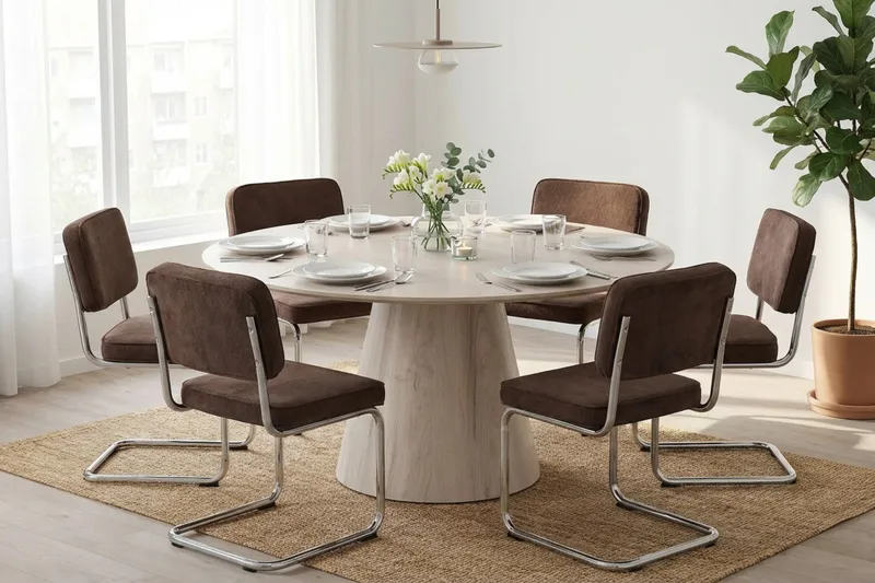 Siena-ruokailuryhmä, pyöreä 150 cm, valkolakattu, 6 Milva-ruokatuolia - Valkolakattu/ruskea/kromi - Huonekalut - Pöytä & ruokailuryhmä - Ruokailuryhmä