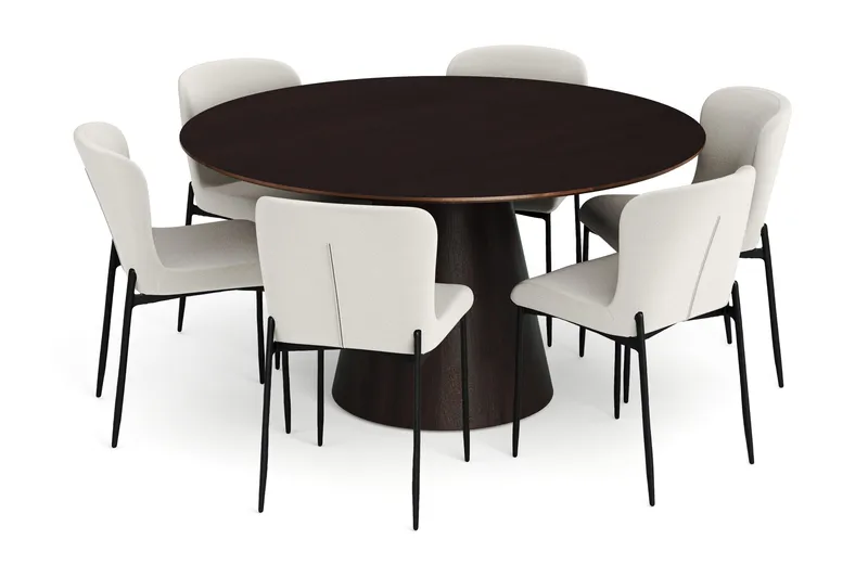 Siena-ruokailuryhmä, pyöreä 150 cm, savustettu tammi, 6 Elsie-ruokatuolia, Savustettu tammi/valkoinen