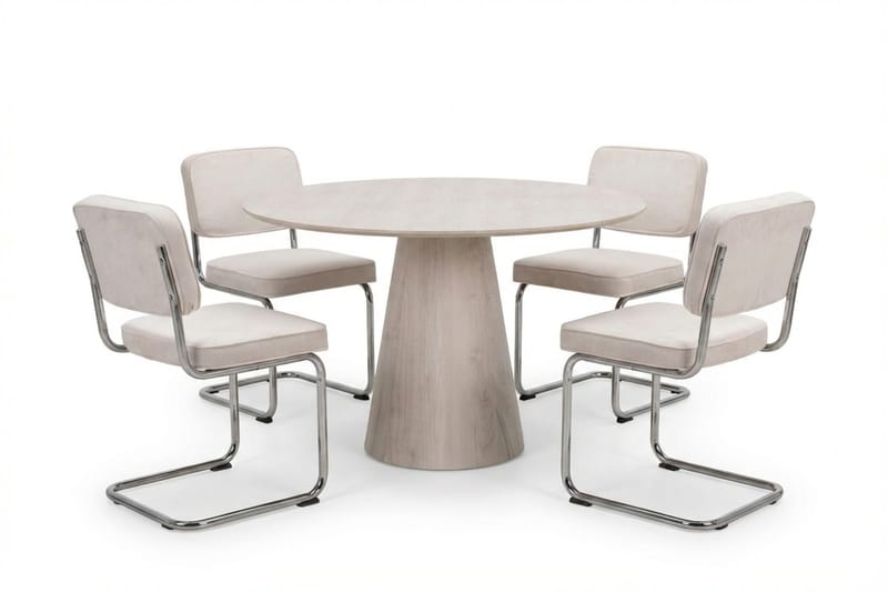 Siena-ruokailuryhmä, pyöreä 110 cm, valkolakattu, 4 Milva-ruokatuolia, Valkolakattu/beige/kromi
