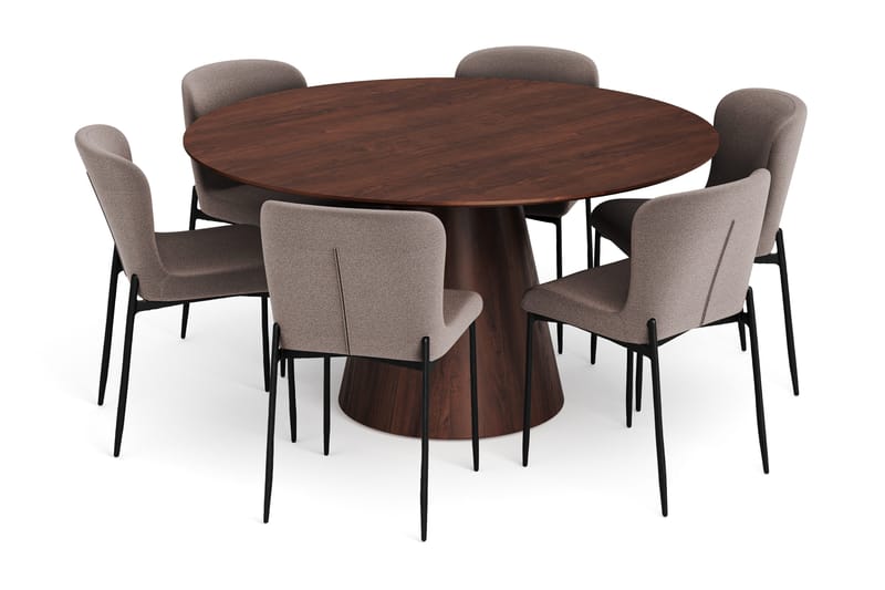 Siena-ruokailuryhmä, pyöreä 150 cm, pähkinä, 6 Elsie-ruokatuolia - Pähkinä/harmaa - Huonekalut - Pöytä & ruokailuryhmä - Ruokailuryhmä