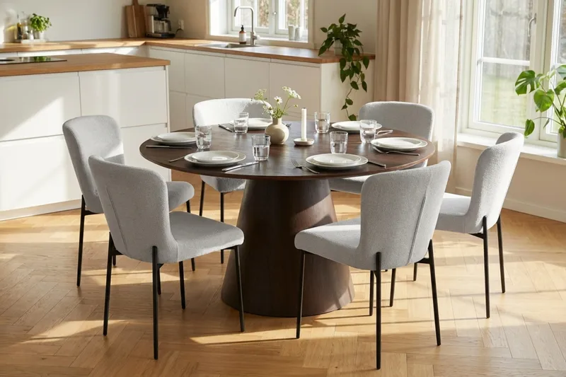 Siena-ruokailuryhmä, pyöreä 130 cm, savustettu tammi, 6 Elsie-ruokatuolia - Savustettu tammi/valkoinen - Huonekalut - Pöytä & ruokailuryhmä - Ruokailuryhmä