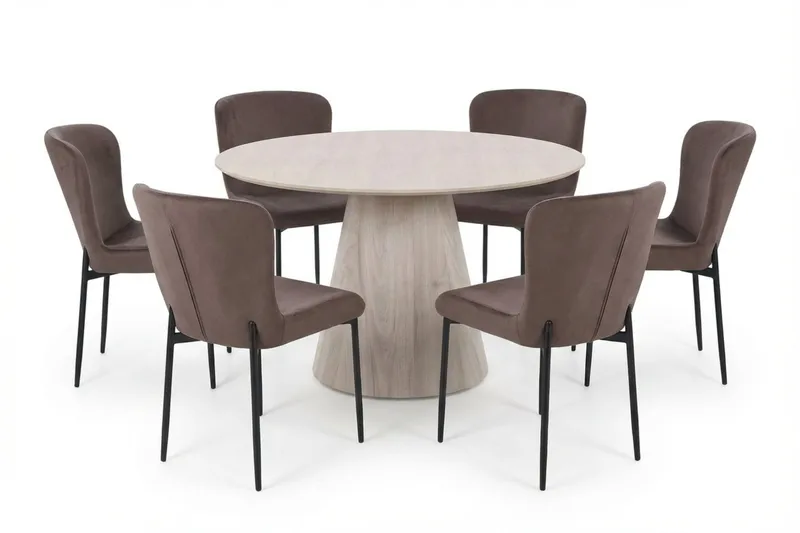 Siena-ruokailuryhmä, pyöreä 130 cm, valkokuullotettu, 6 Elsie-ruokatuolia, Valkokuullotettu/ruskea