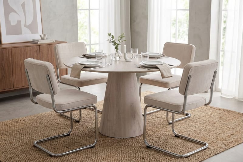 Siena-ruokailuryhmä, pyöreä 110 cm, valkolakattu, 4 Milva-ruokatuolia - Valkolakattu/beige/kromi - Huonekalut - Pöytä & ruokailuryhmä - Ruokailuryhmä