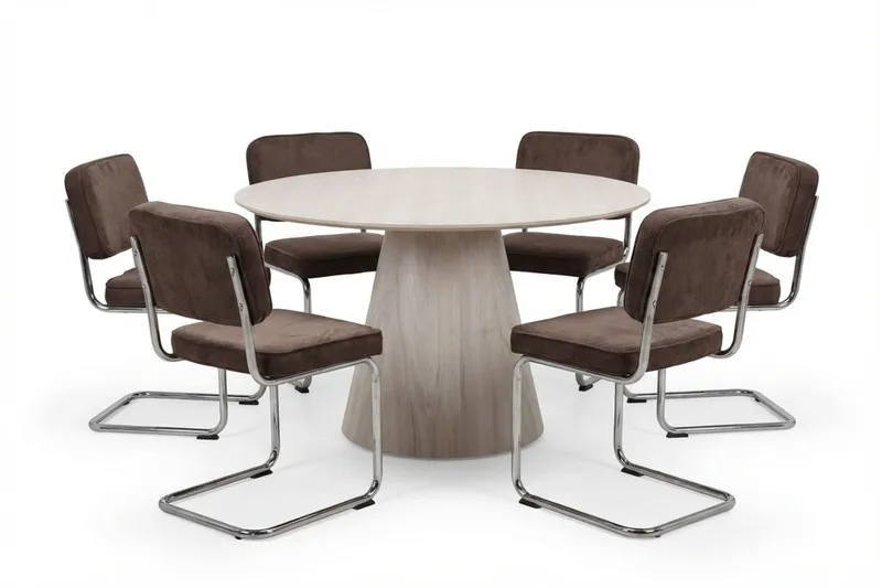 Siena-ruokailuryhmä, pyöreä 130 cm, valkolakattu, 6 Milva-ruokatuolia, Valkolakattu/ruskea/kromi