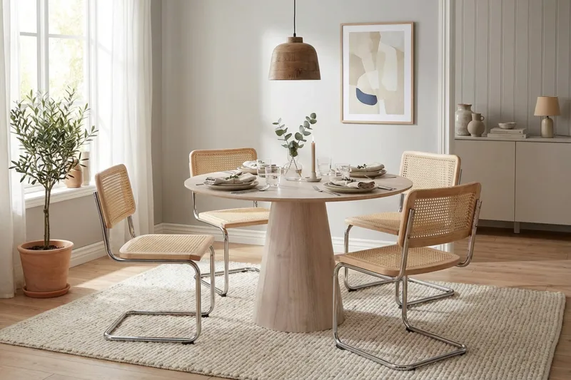 Siena-ruokailuryhmä, pyöreä 110 cm, valkokuullotettu, 4 Build-ruokatuolia - Valkokuullotettu/luonnonväri/kromi - Huonekalut - Pöytä & ruokailuryhmä - Ruokailuryhmä