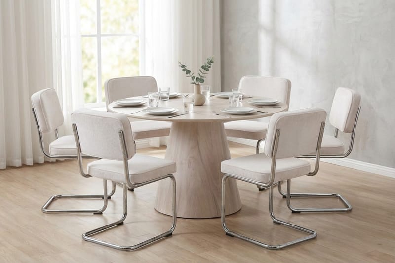 Siena-ruokailuryhmä, pyöreä 130 cm, valkolakattu, 6 Milva-ruokatuolia - Valkolakattu/beige/kromi - Huonekalut - Pöytä & ruokailuryhmä - Ruokailuryhmä