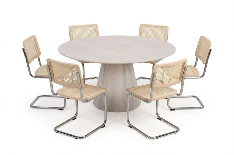 Siena-ruokailuryhmä, pyöreä 150 cm, valkolakattu, 6 Build-ruokatuolia - Valkokuullotettu/luonnonväri/kromi - Huonekalut - Pöytä & ruokailuryhmä - Ruokailuryhmä
