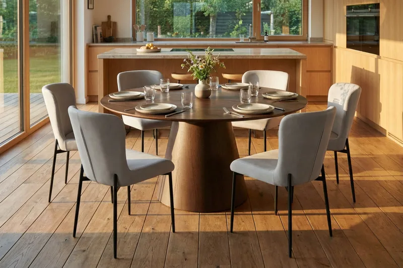 Siena-ruokailuryhmä, pyöreä 130 cm, savustettu tammi, 6 Elsie-ruokatuolia - Savustettu tammi/beige - Huonekalut - Pöytä & ruokailuryhmä - Ruokailuryhmä