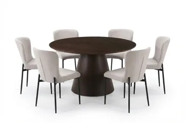 Siena-ruokailuryhmä, pyöreä 130 cm, savustettu tammi, 6 Elsie-ruokatuolia