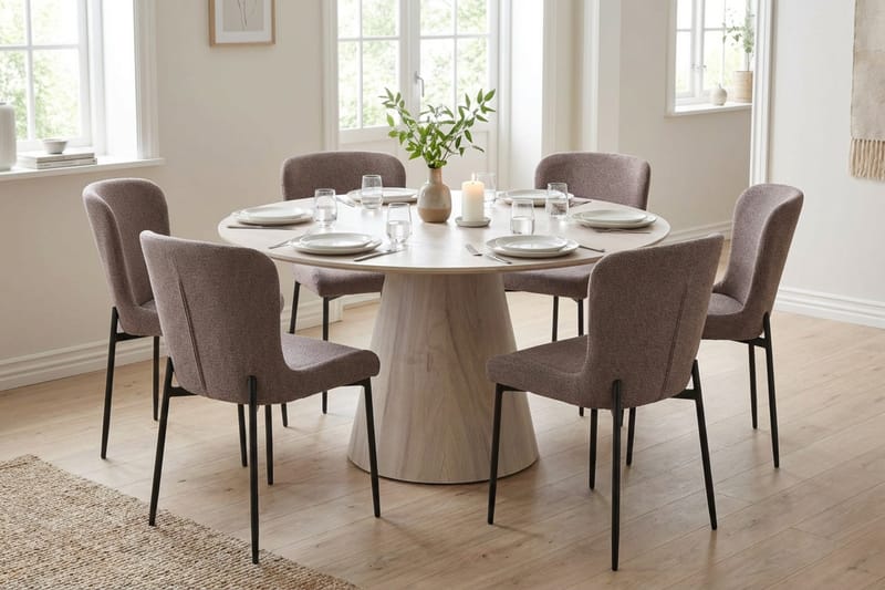 Siena-ruokailuryhmä, pyöreä 130 cm, valkokuullotettu, 6 Elsie-ruokatuolia - Valkokuullotettu/harmaa - Huonekalut - Pöytä & ruokailuryhmä - Ruokailuryhmä